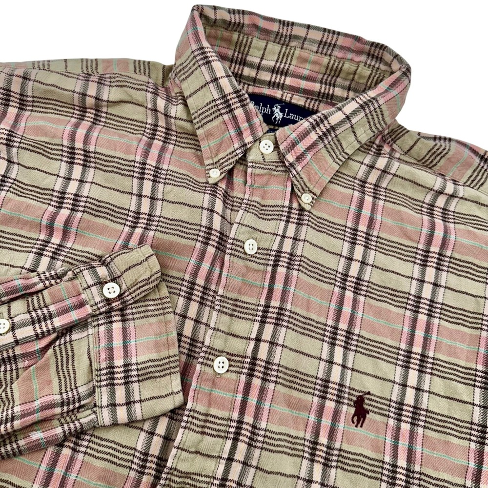 Ralph‎ Lauren Plaid Flannel Button Up Shirt Men's XL Tan Pink Long Sleeve Casual